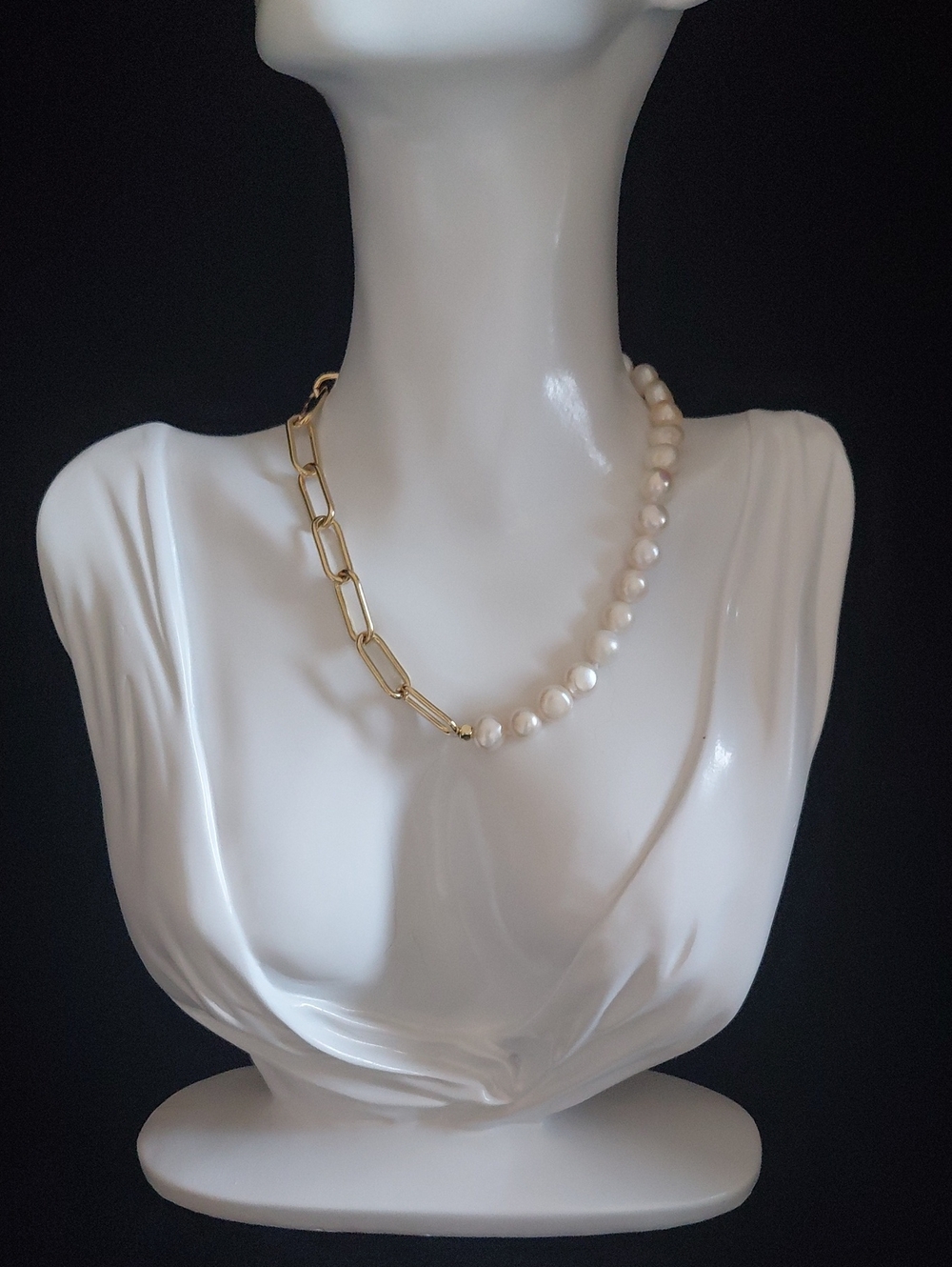 Real Freshwater Pearl Gold Tone Paperclip Link Toggle Necklace 18.25"